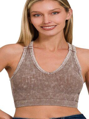 STONE WASHED SEAMLESS RACERBACK SPORTS BRA W/REMOVABLE PADS MOCHA S/M & L/XL
